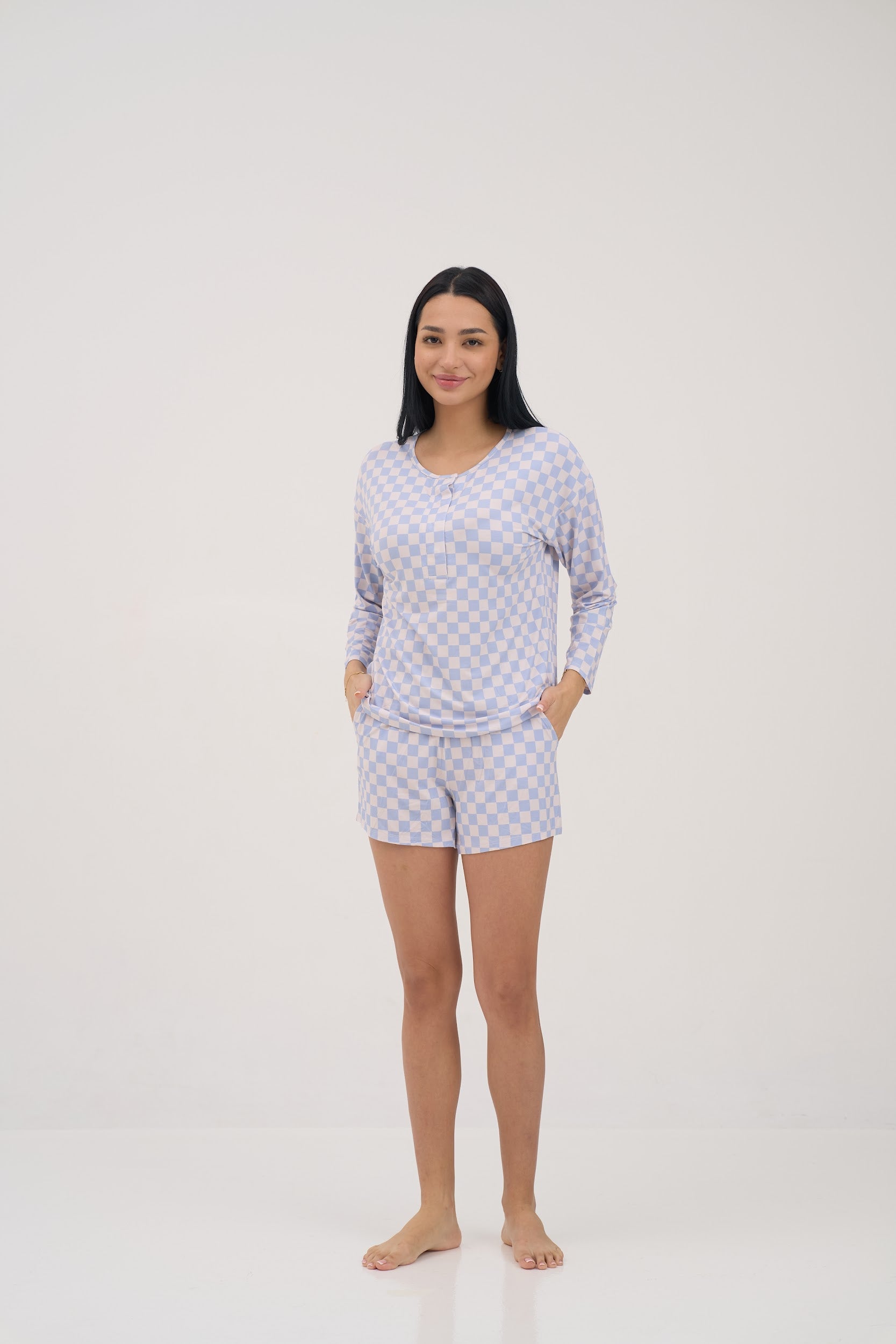 Blue Checkers Drop Shoulder Women Lounge Top