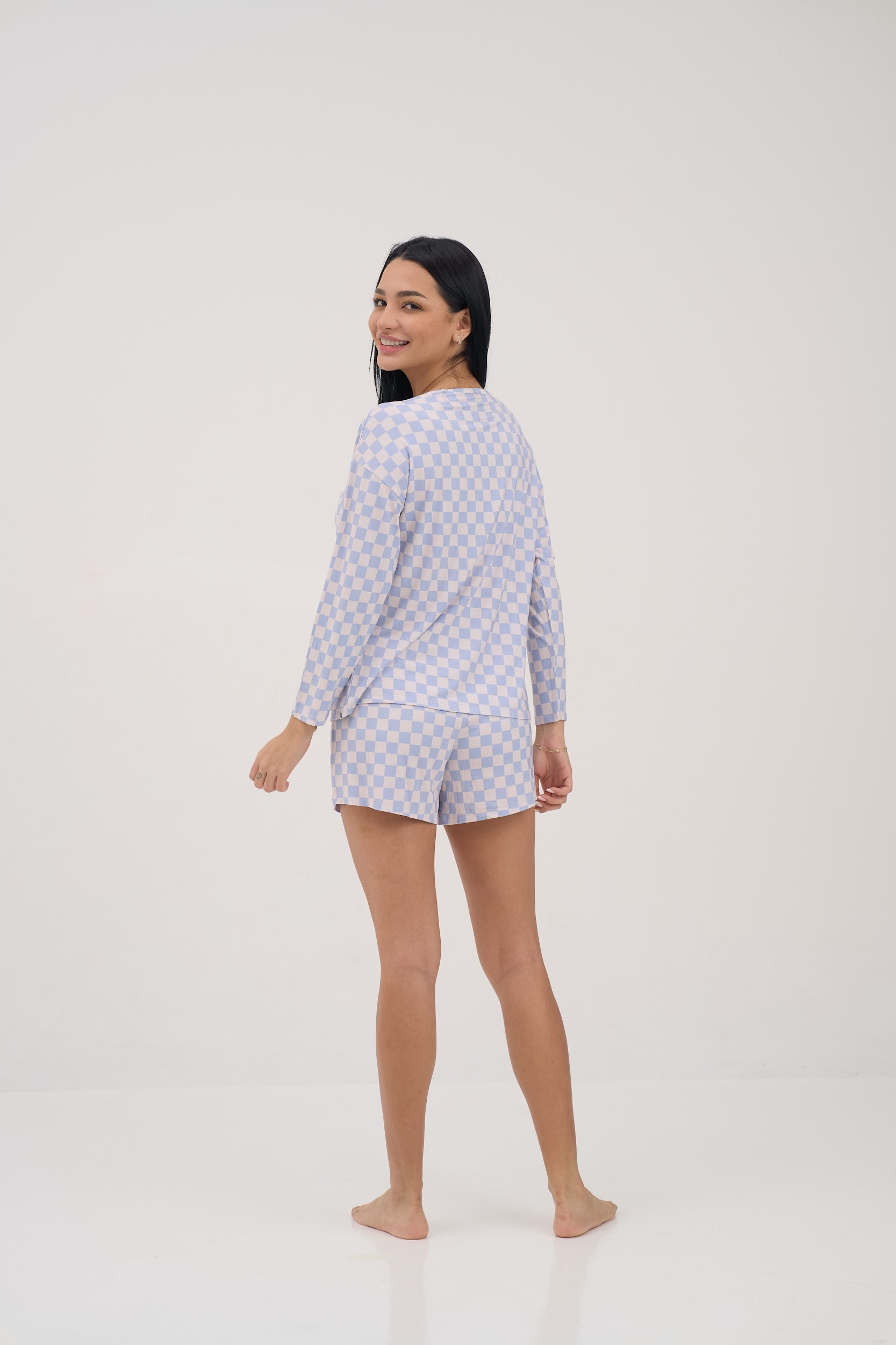 Blue Checkers Drop Shoulder Women Lounge Top