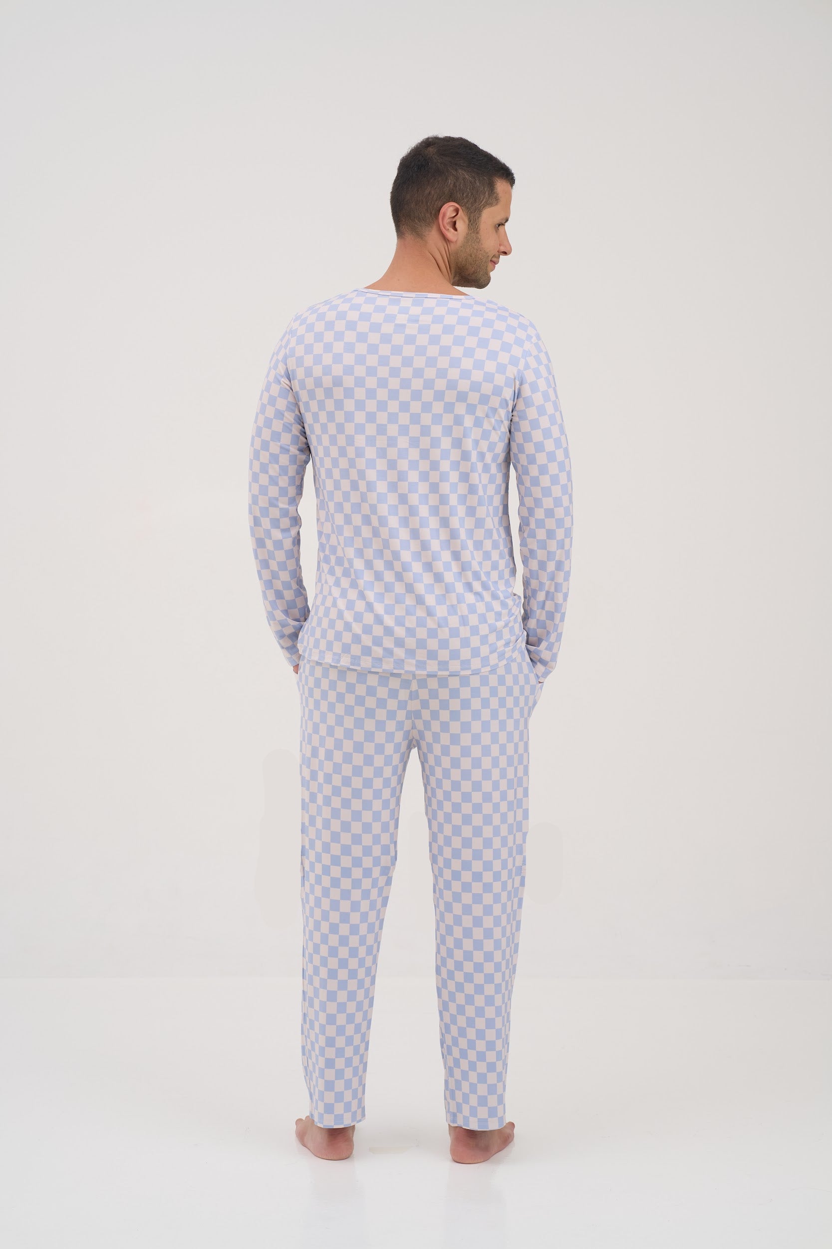 Blue Checkers Round Neck Men Pyjama Top