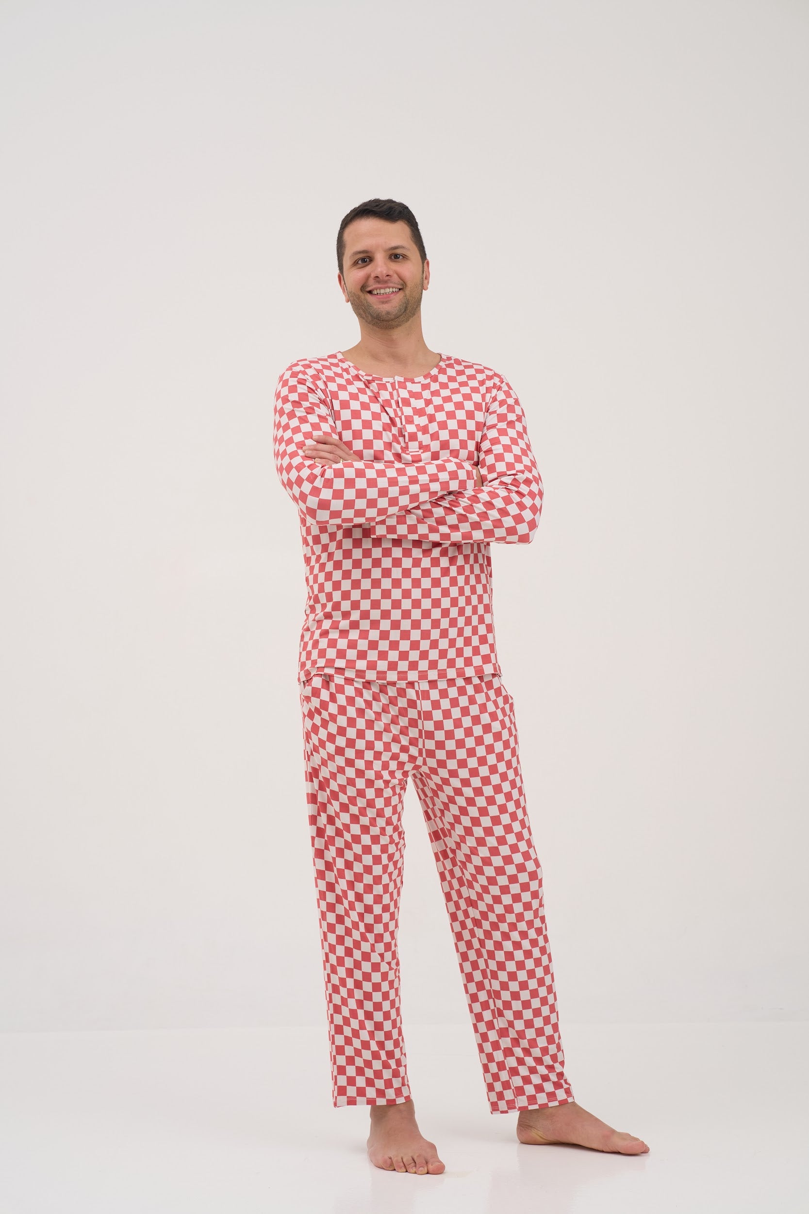 Red Checkers Round Neck Men Pyjama Top