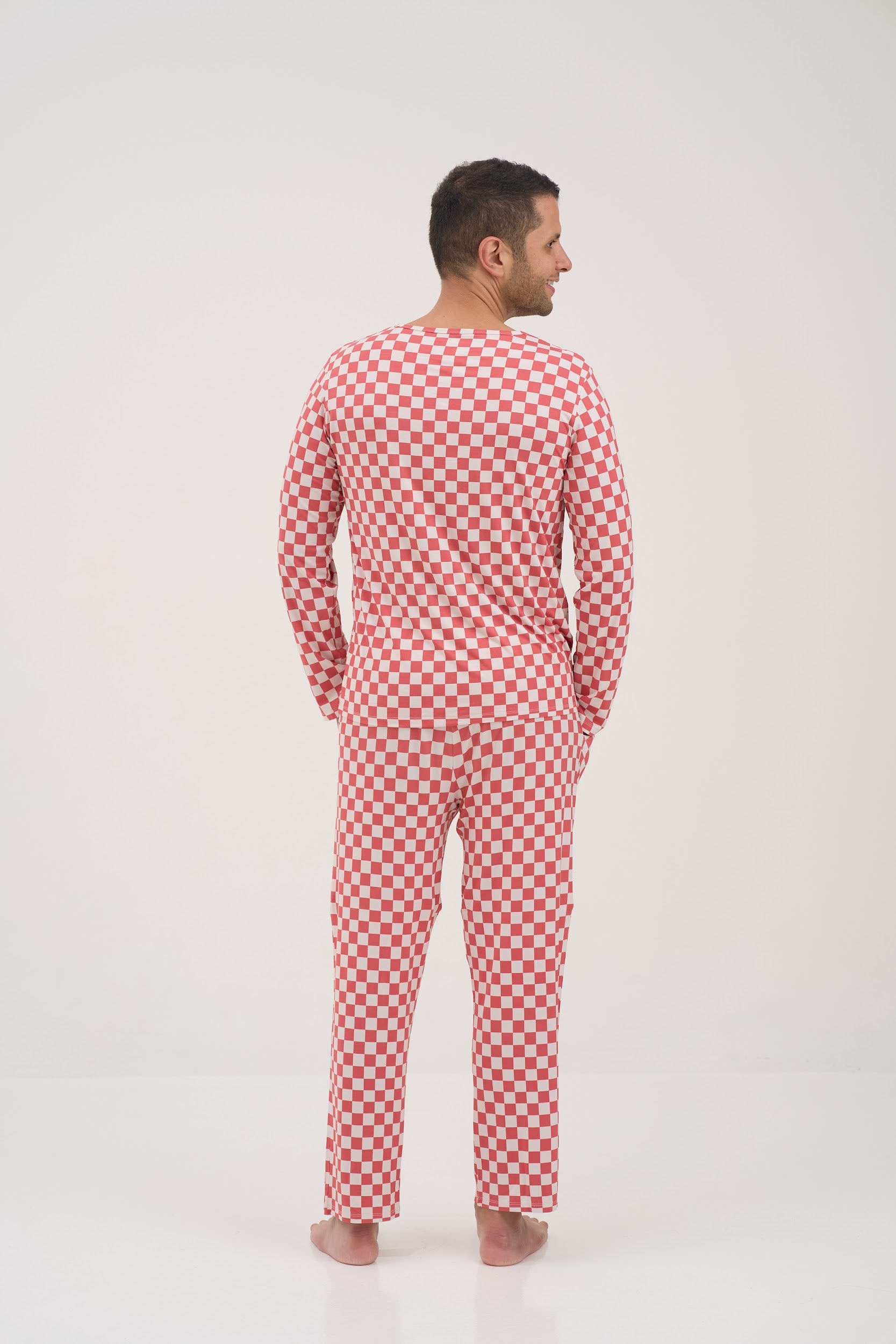 Red Checkers Round Neck Men Pyjama Top
