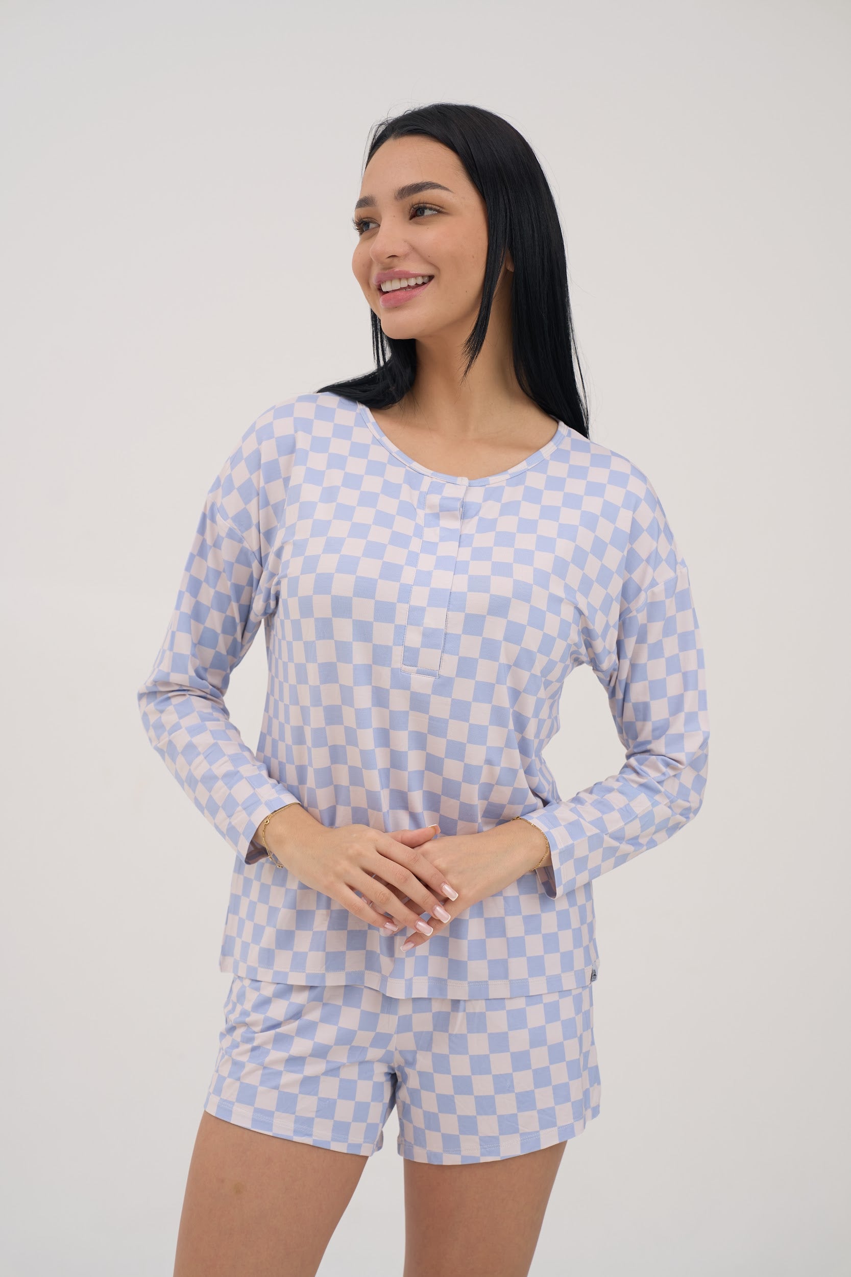 Blue Checkers Drop Shoulder Women Lounge Top