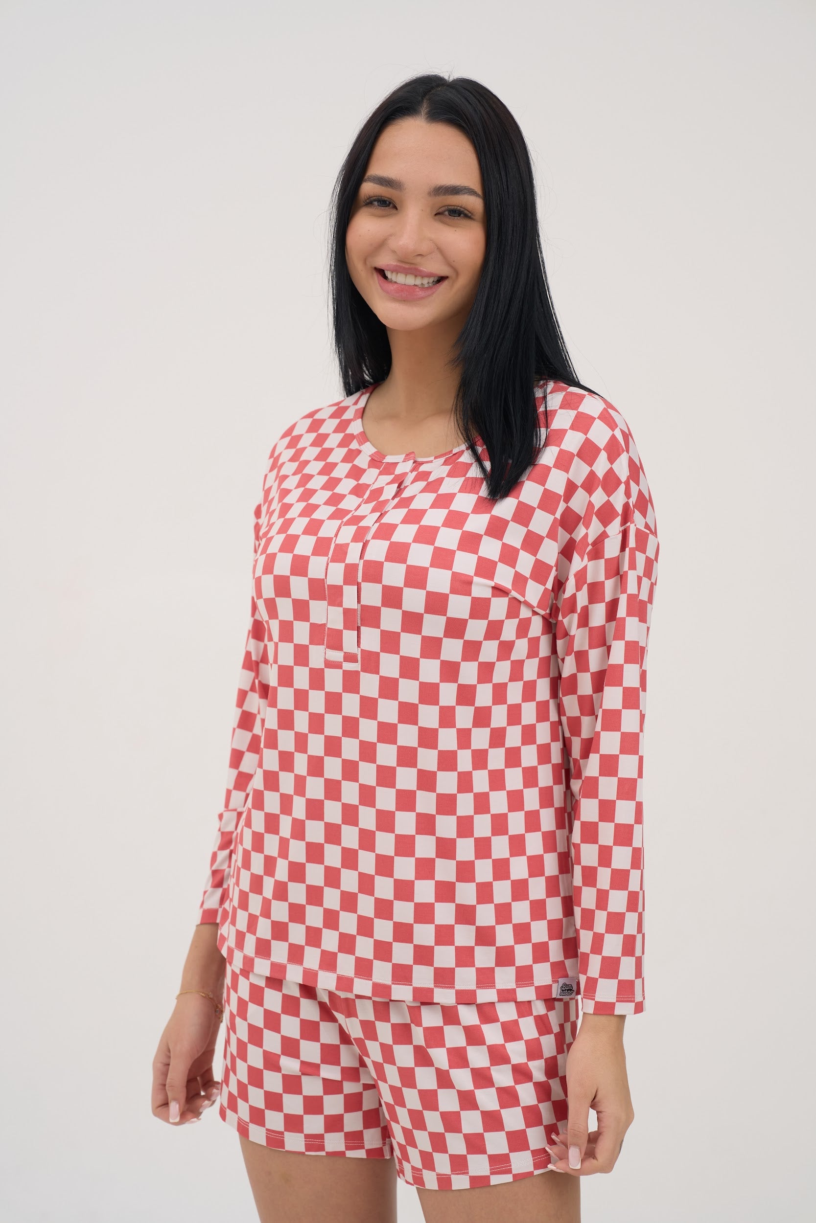 Red Checkers Drop Shoulder Women Lounge Top