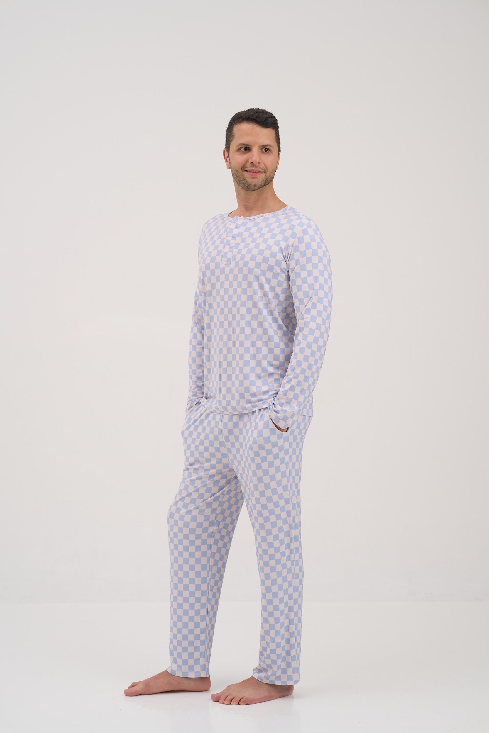 Blue Checkers Round Neck Men Pyjama Top
