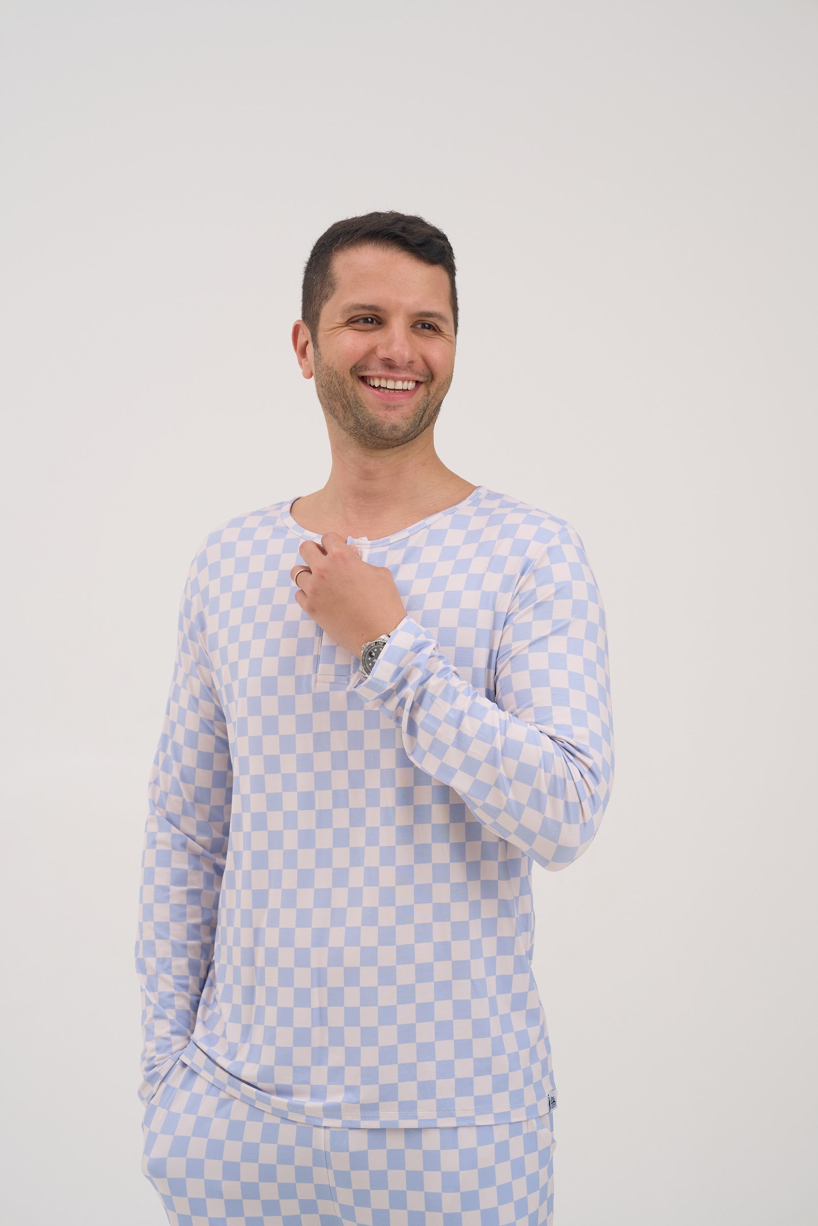 Blue Checkers Round Neck Men Pyjama Top