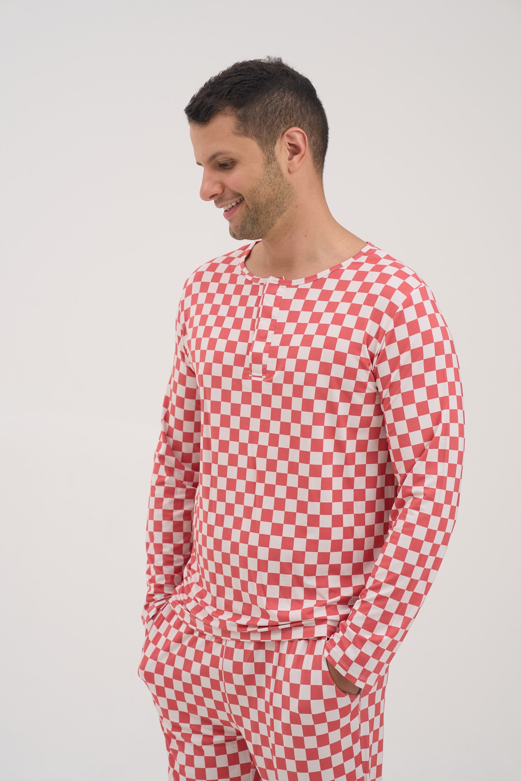 Red Checkers Round Neck Men Pyjama Top